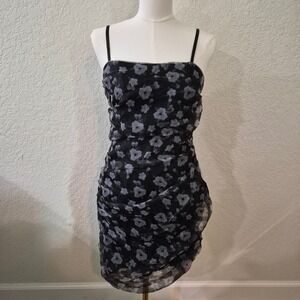 Lulus Floral Mesh Ruched Bodycon Mini Dress NWT M Black Gray Party Night Out
